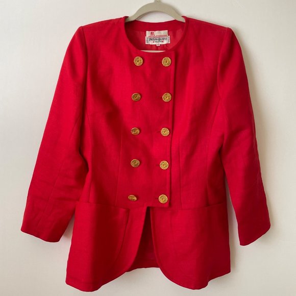 Vintage Yves Saint Laurent Skirt Suit 10 Red Double Breasted Blazer Gold Buttons - Picture 2 of 14
